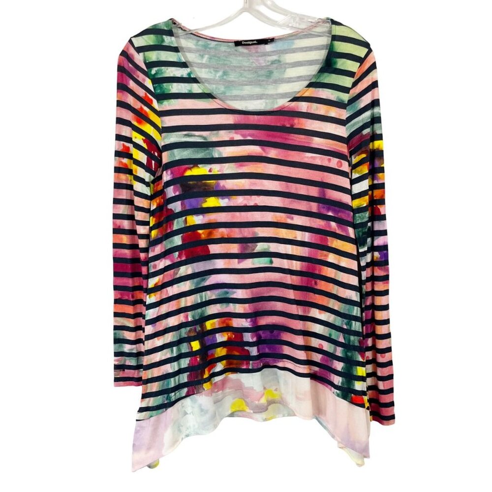 Desigual Multicolor Striped Watercolor Long Sleeve Shirt Asymmetrical Hem SMALL‎